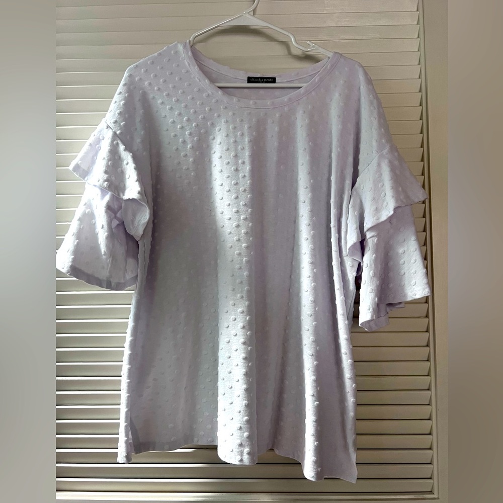 Cha cha Vente Fun White Tunic Top with polka dots & ruffles!